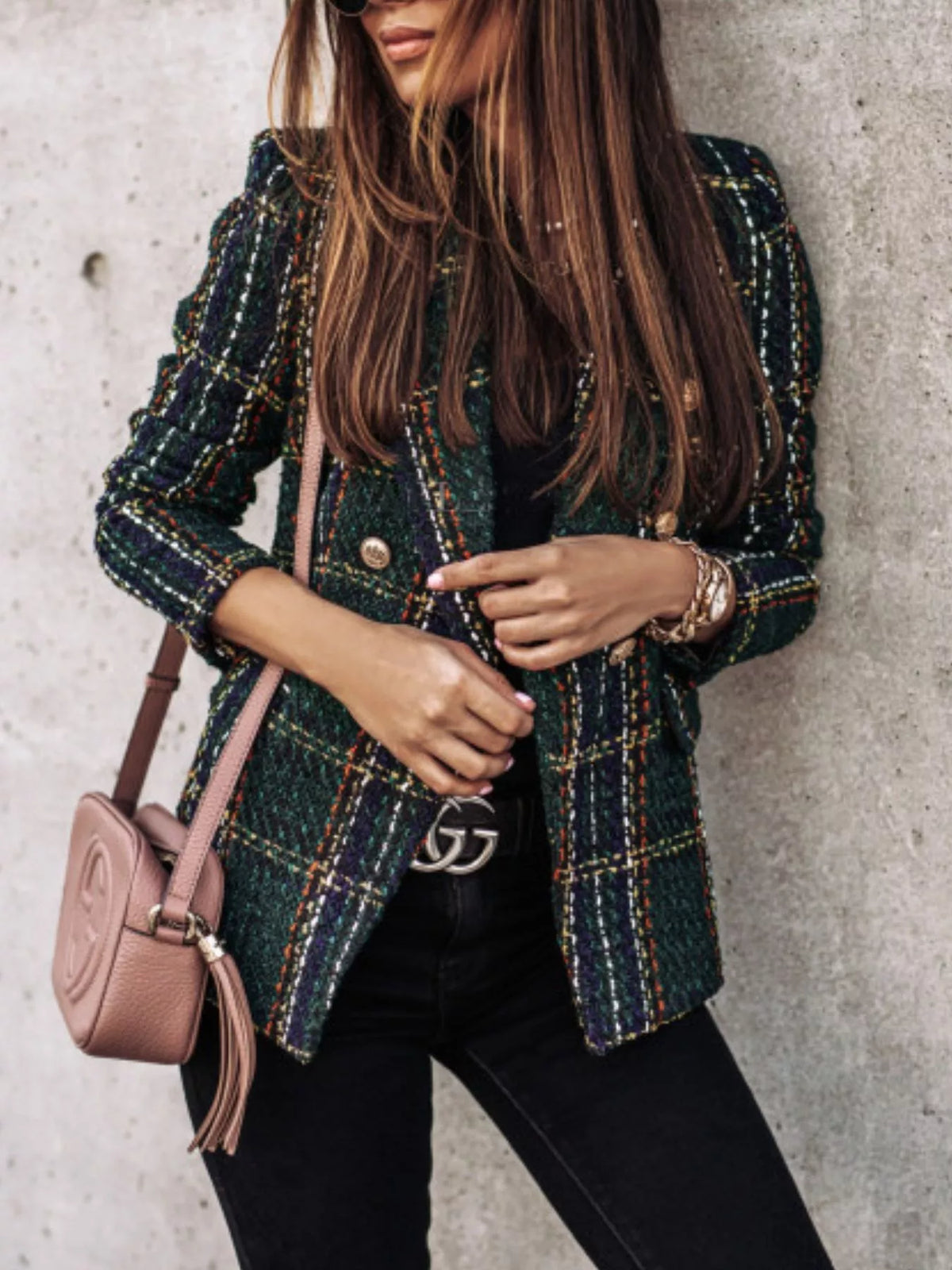 Full Size Plaid Tweed Double-Breasted Blazer for Women Plus Size