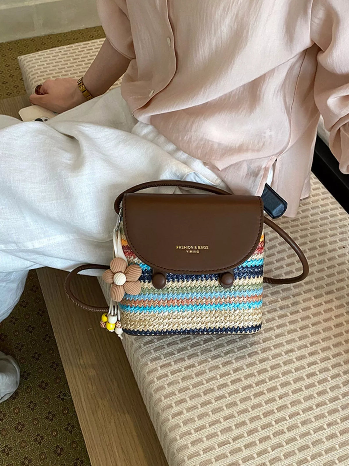 PU Leather Striped Woven Crossbody Bag