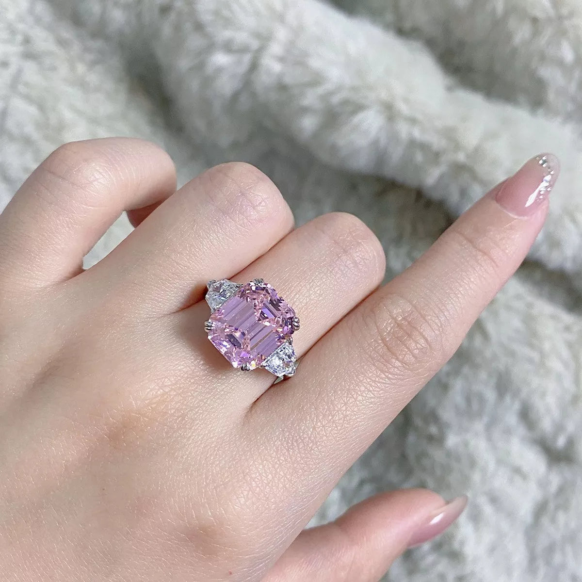 925 Sterling Silver Zircon Geometric Ring for Women in Blush Pink
