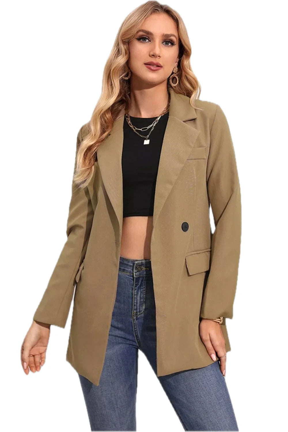 Lapel Neck Long Sleeve Blazer for Women with Pockets