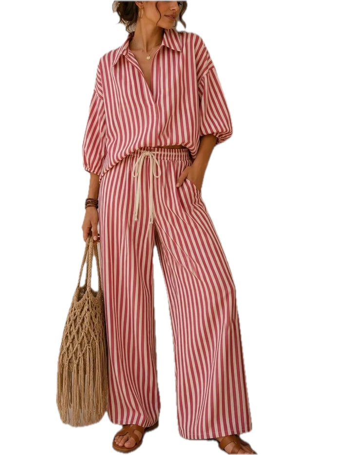 Full Size Striped Relaxed Fit Shirt and Wide-Leg Pants Set for Women Plus Size