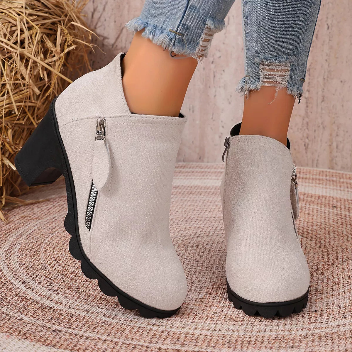 Diagonal Zip Round Toe Block Heel Boots