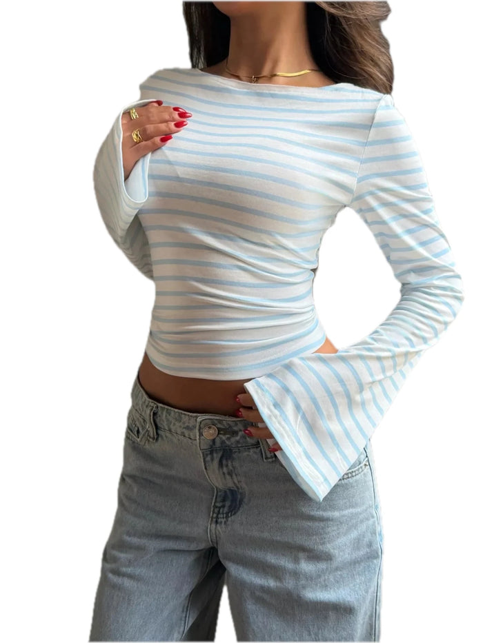 Women's Striped Flare Sleeve Slim Fit T-Shirt