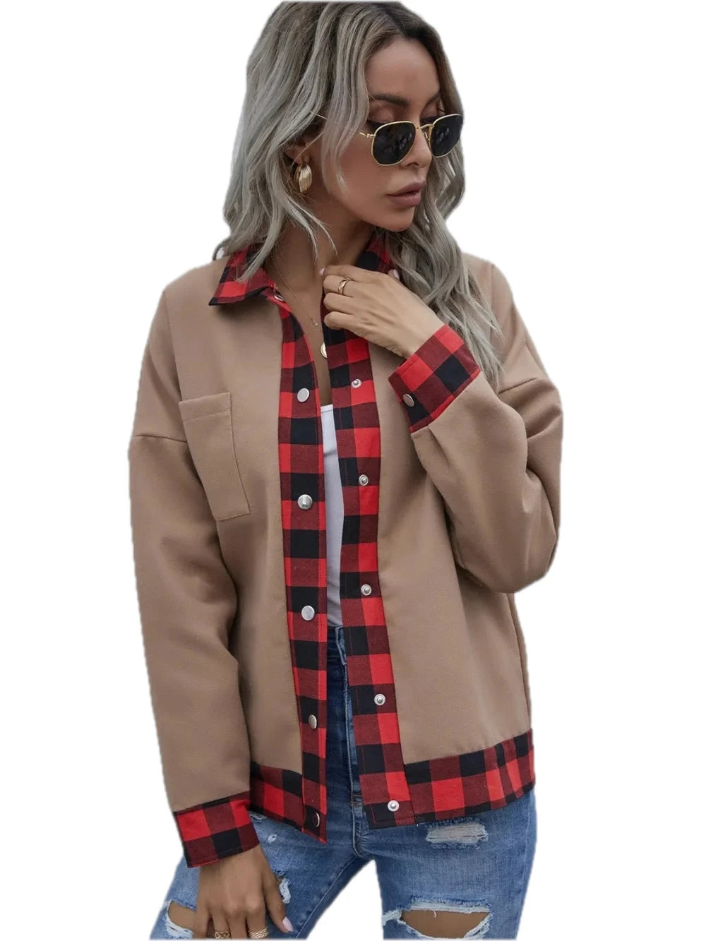 Plaid Trim Long Sleeve Jacket for Women