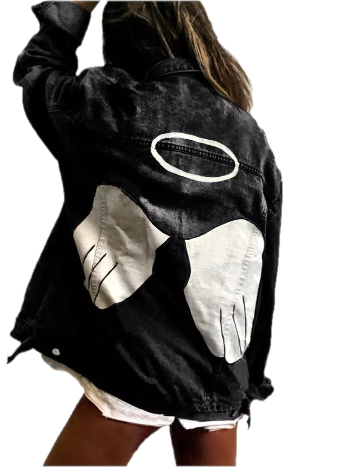 Full Size Angel Wings Graphic Back Denim Jacket for Women Plus Size
