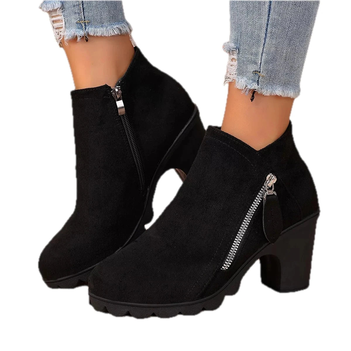 Diagonal Zip Round Toe Block Heel Boots