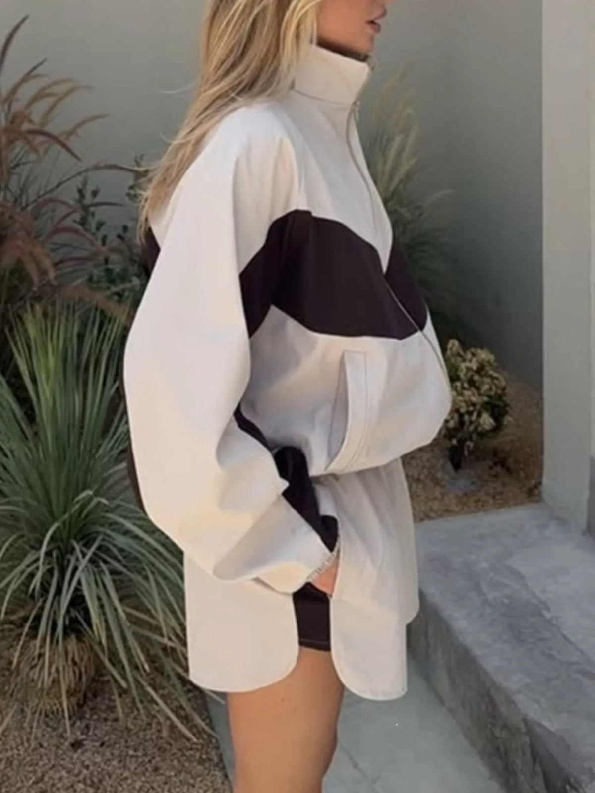 Color Block Zip Up Jacket and Shorts Set