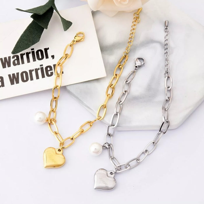Heart Charm Pearl Accent Chain Bracelet for Women