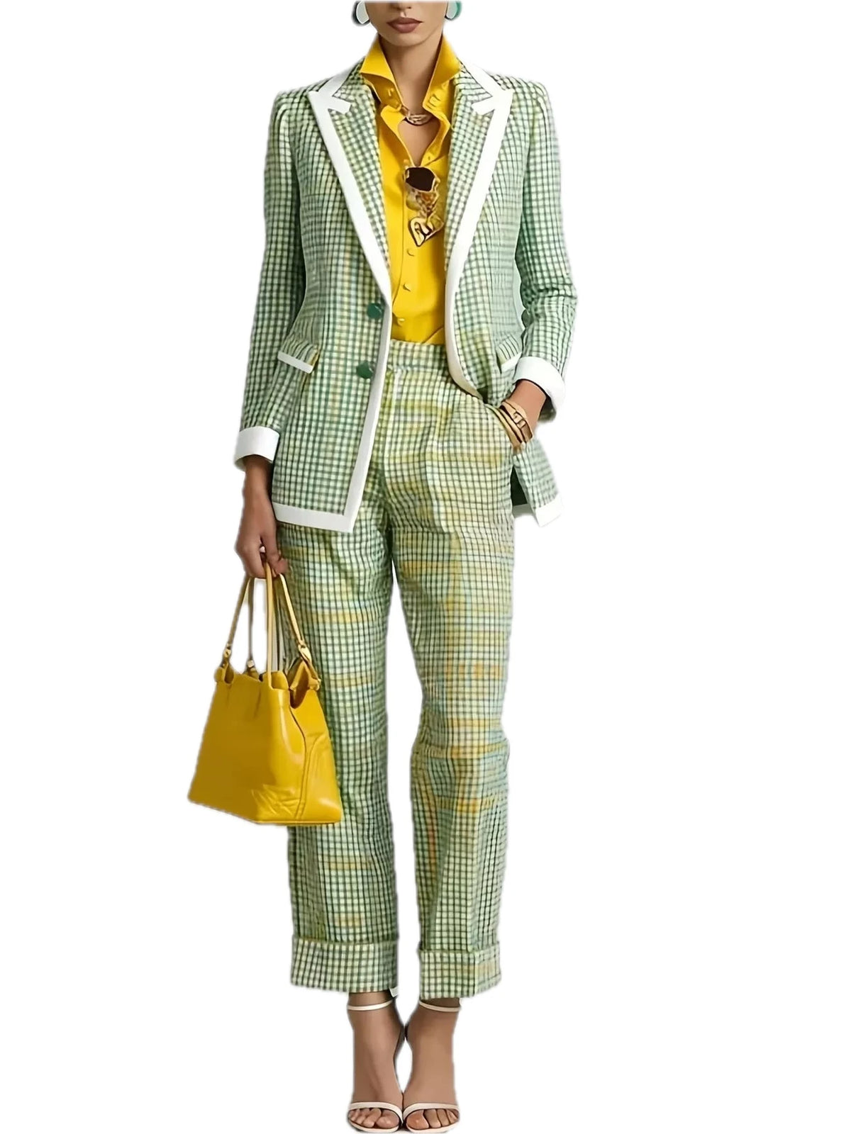 Plaid Blazer and Pants Suit Set for Women
