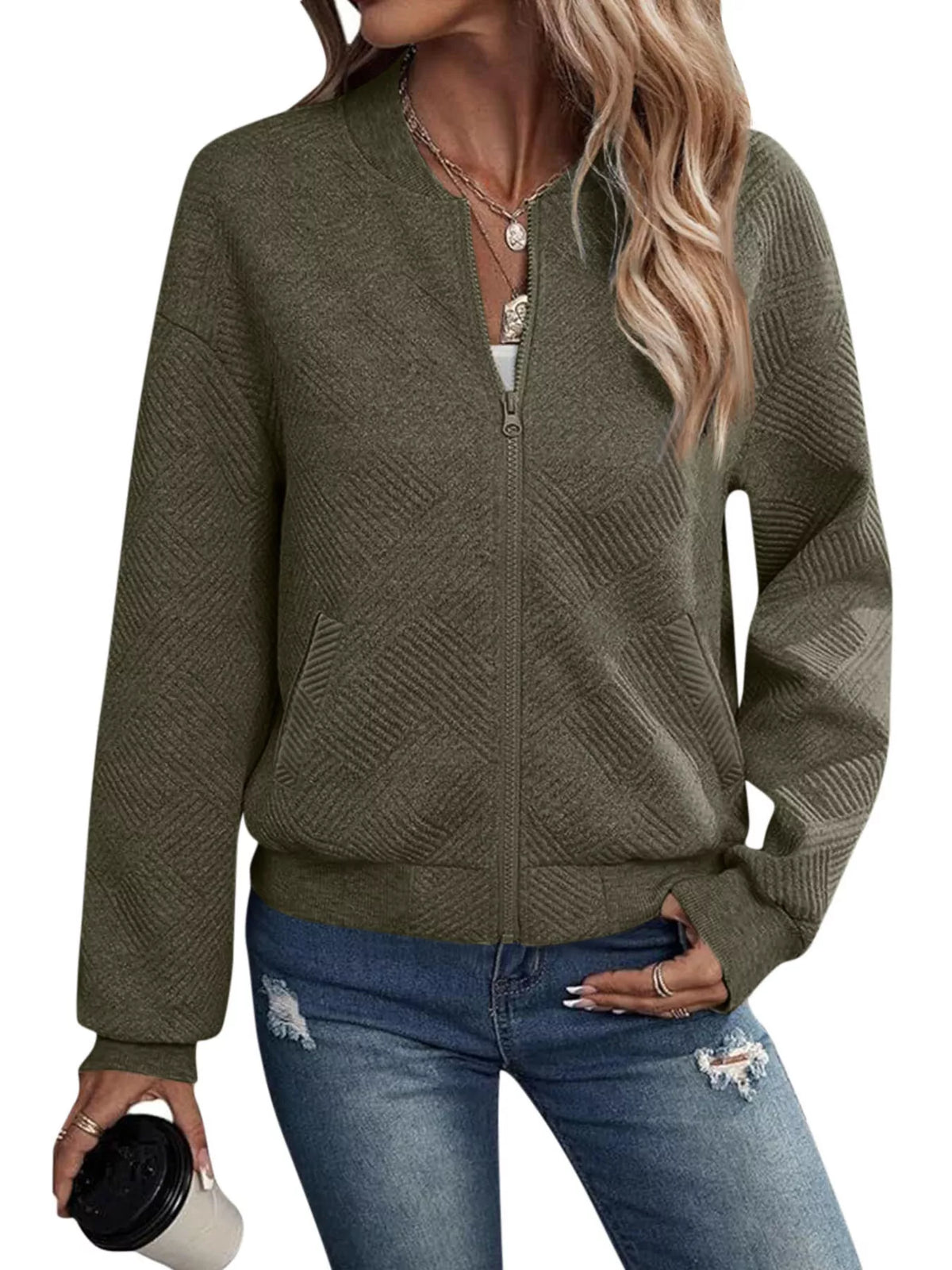 Textured Knit Zip Up Jacket