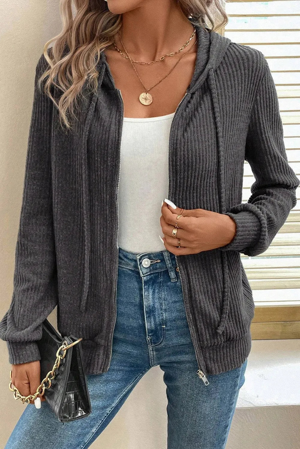 Drawstring Zip Up Long Sleeve Hooded Jacket for Women
