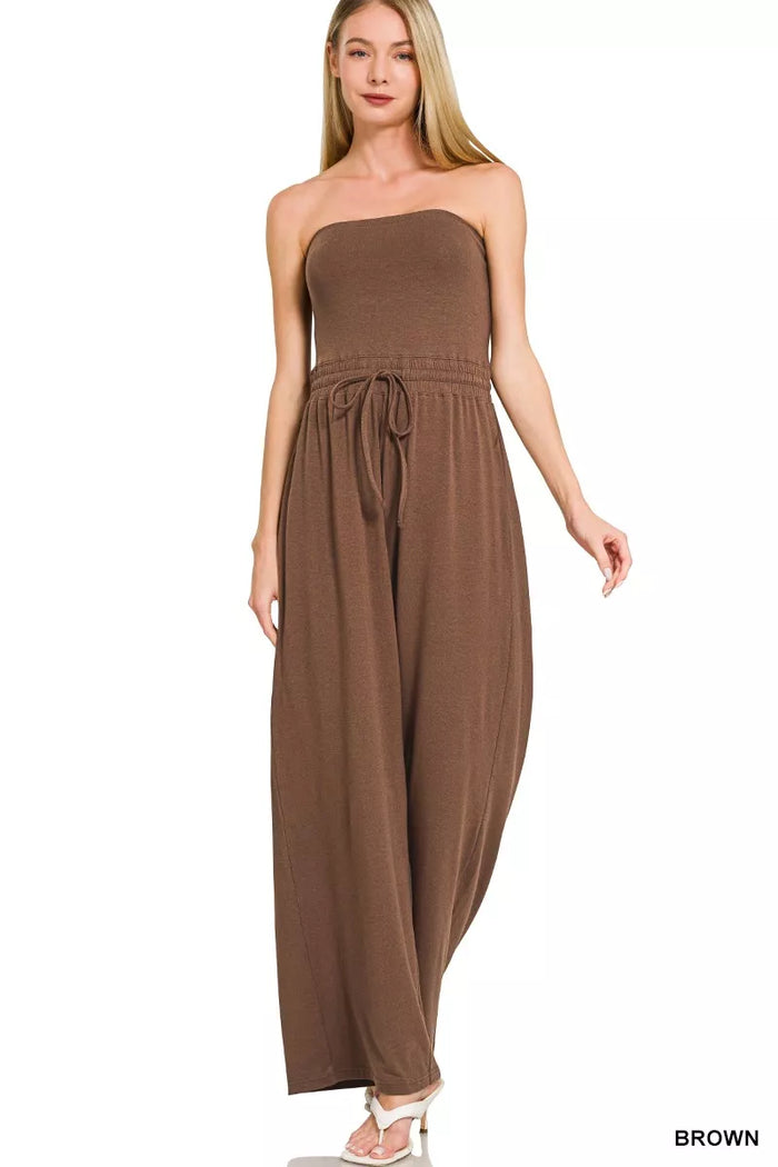 Zenana Women's Tube Top Jumpsuit with Drawstring Waist