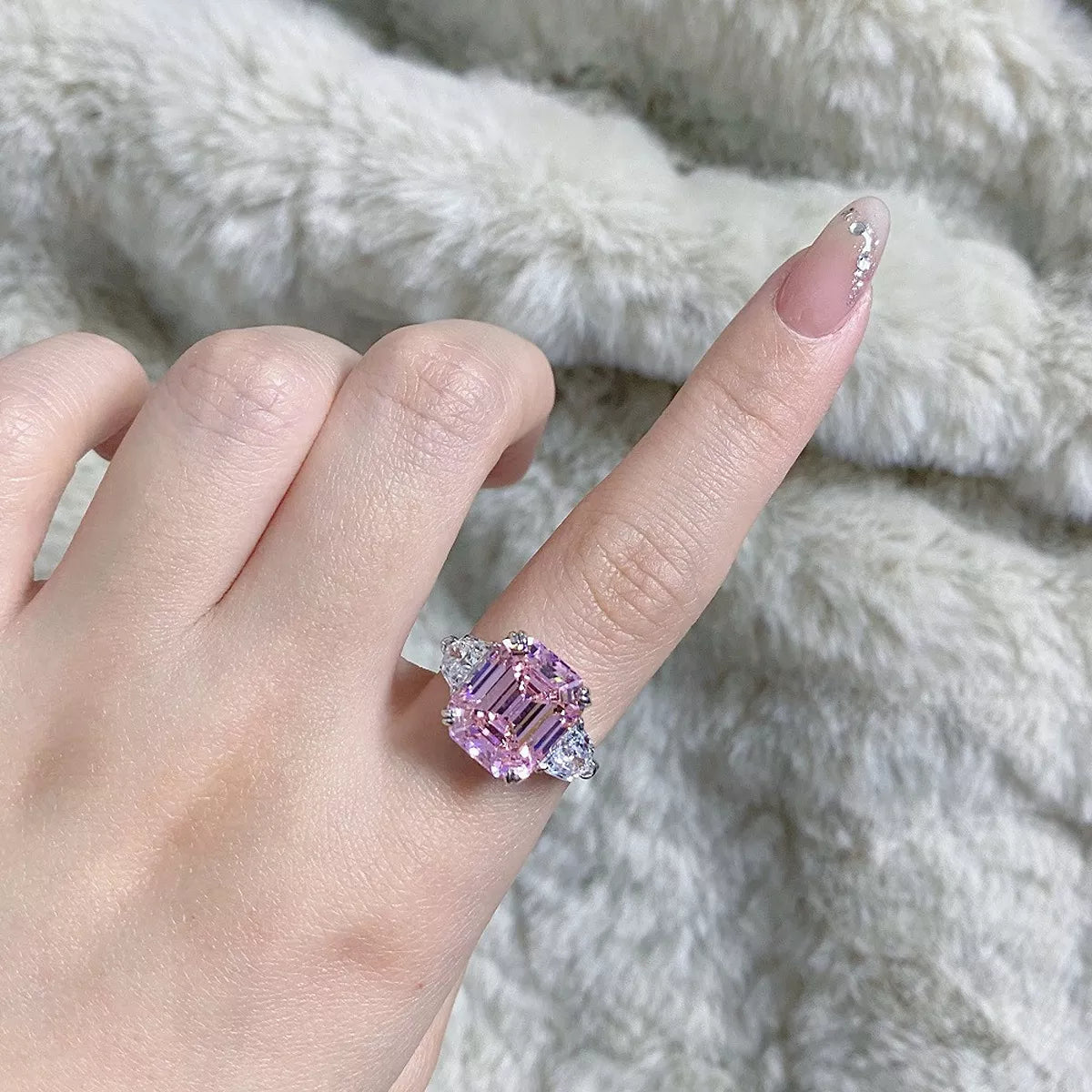 925 Sterling Silver Zircon Geometric Ring for Women in Blush Pink