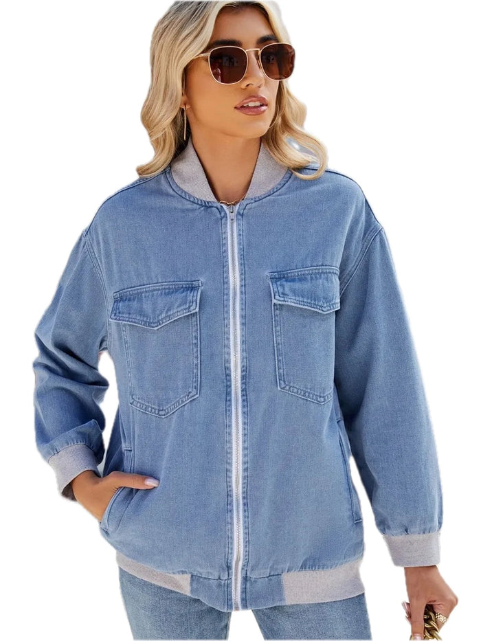 Zip Up Baseball Collar Denim Jacket