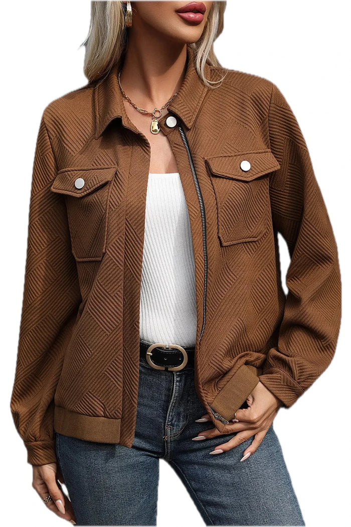 Perfee Textured Zip Up Collared Neck Jacket for Women
