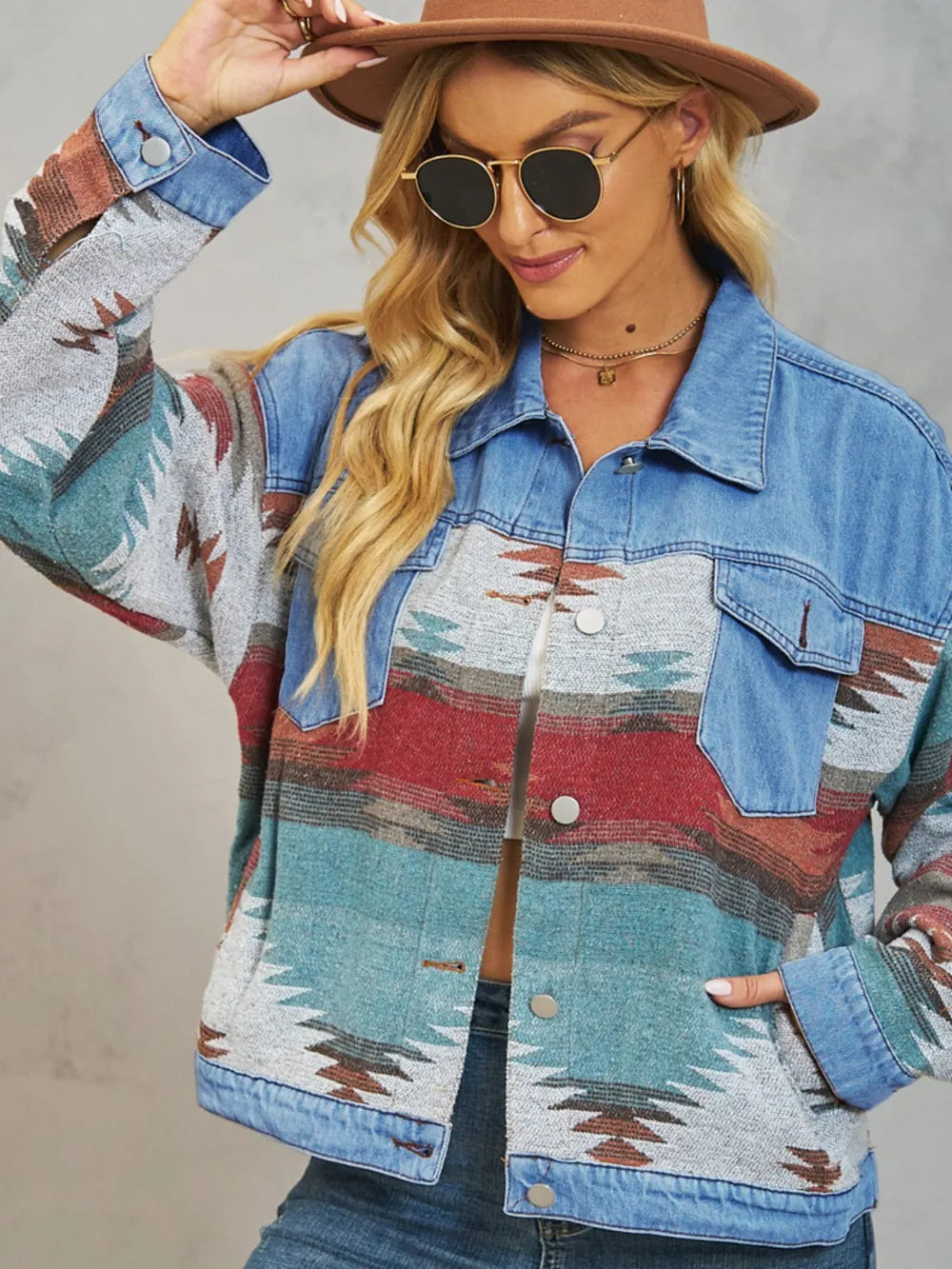 Geometric Dropped Shoulder Denim Jacket