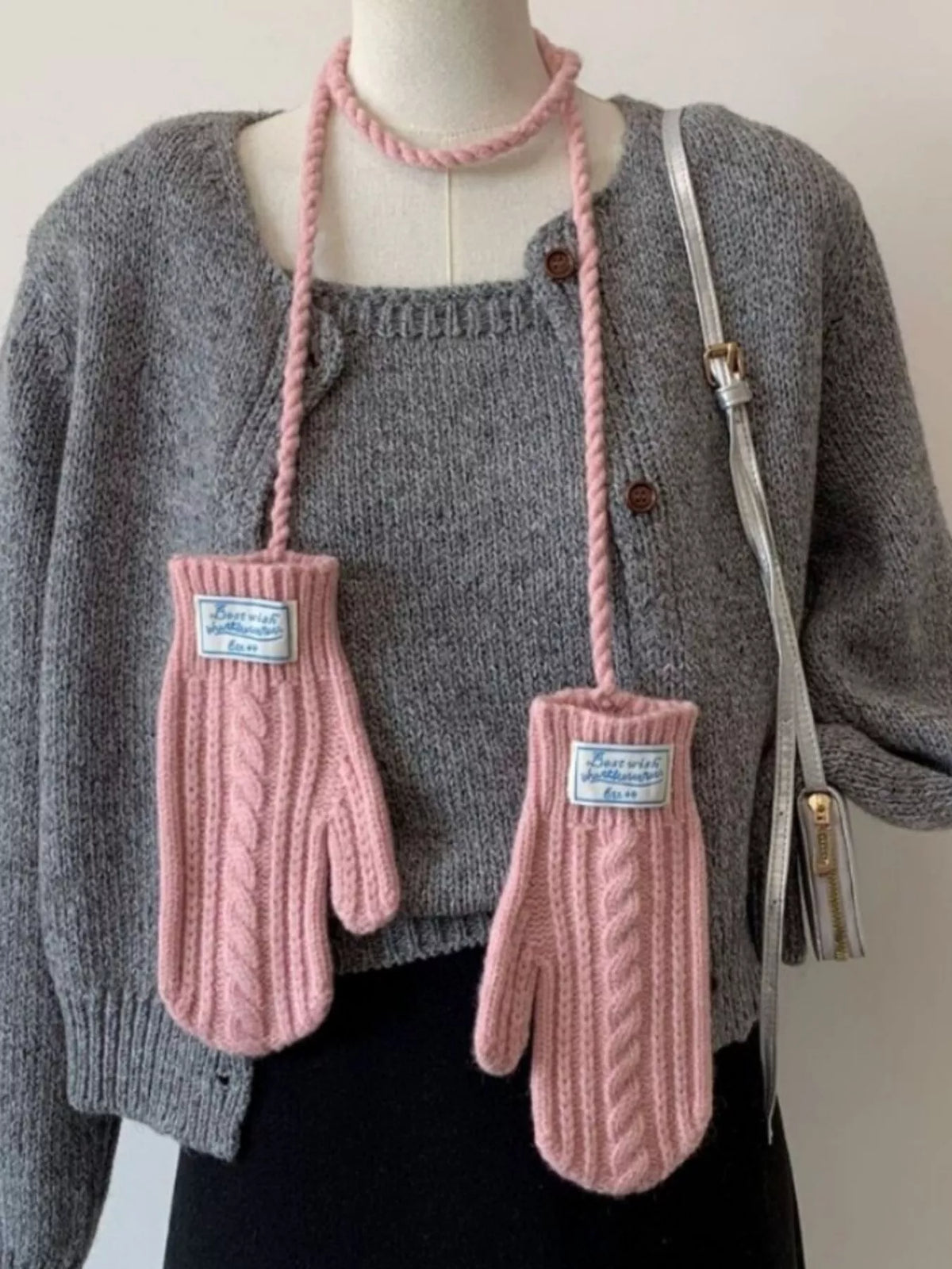 Cable Knitted Mittens with Neck Strap