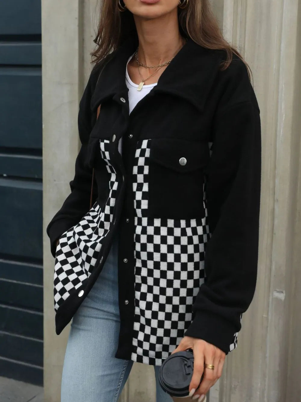 Checkered Snap Down Jacket in Black