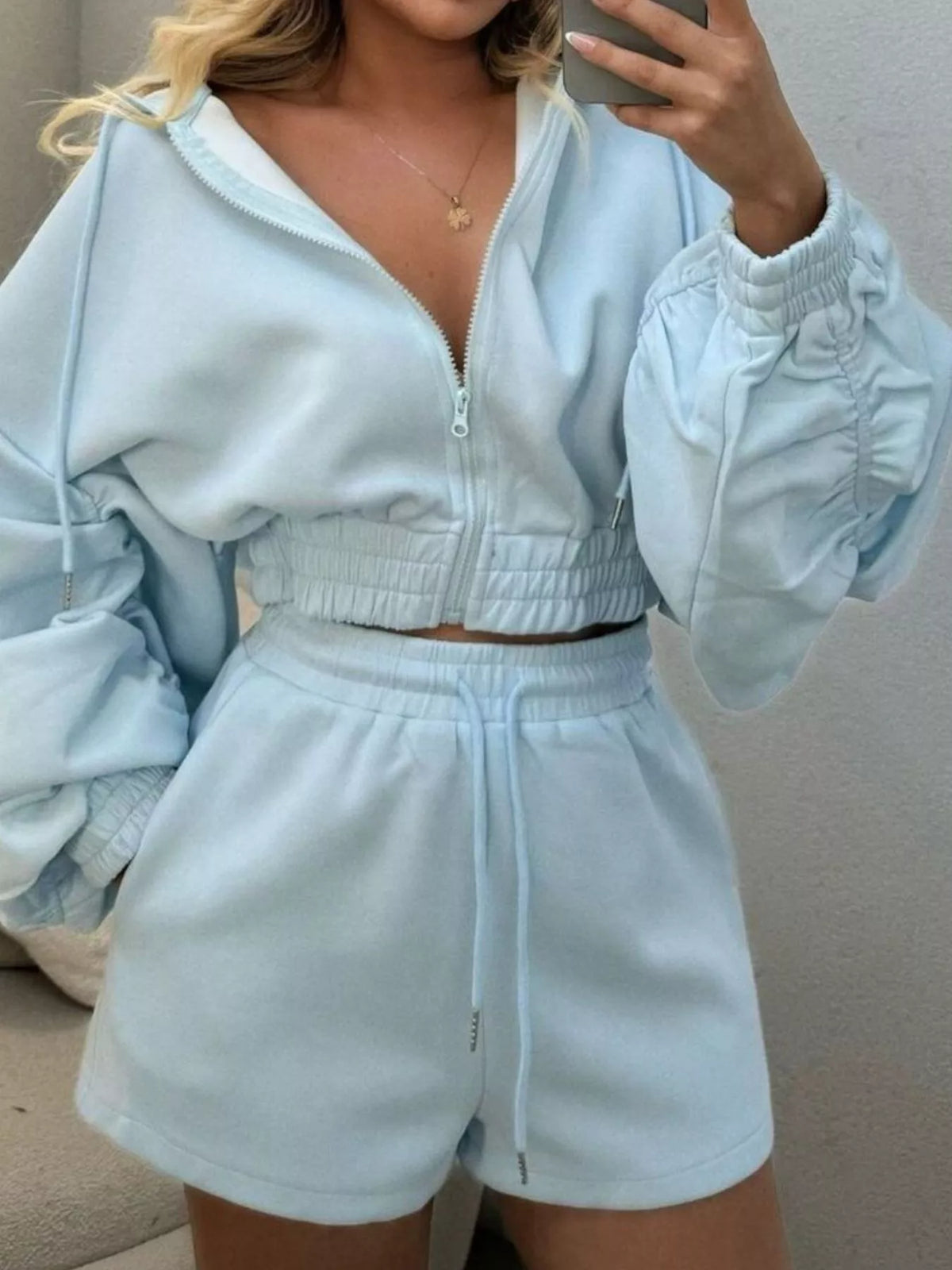Zip-Up Jacket and High-Waisted Drawstring Shorts Set for Women
