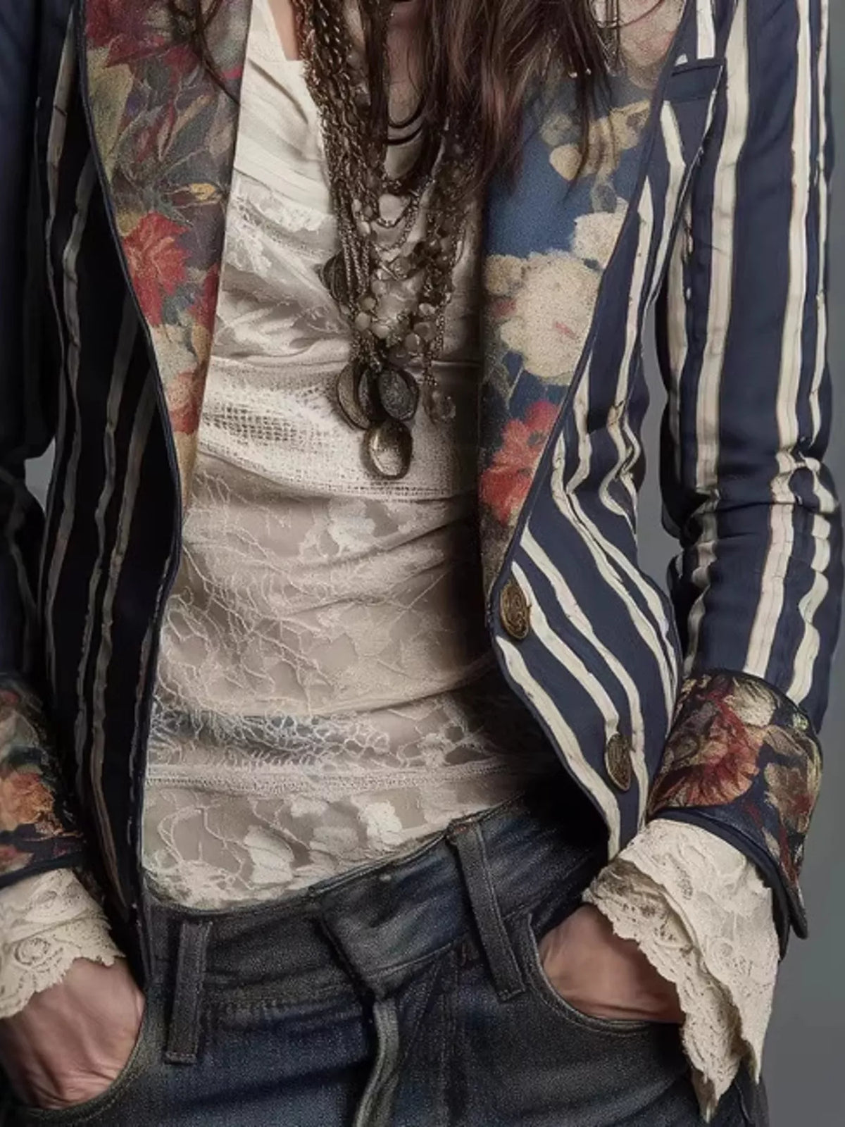 Striped Floral Slim Fit Blazer