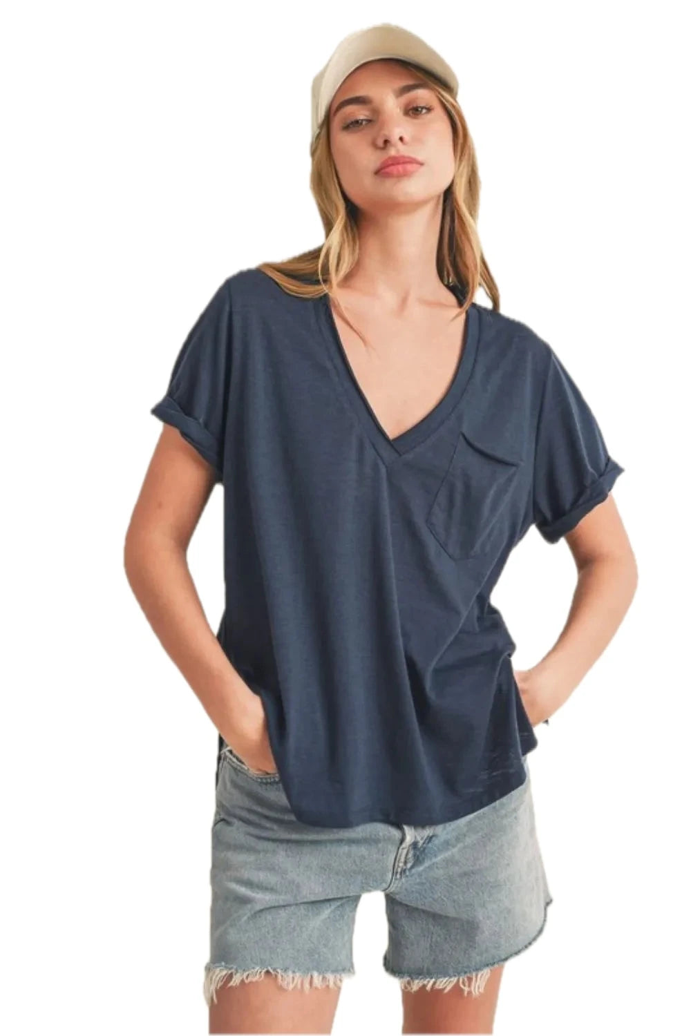 Side Slit V-Neck Rolled Sleeve T-Shirt
