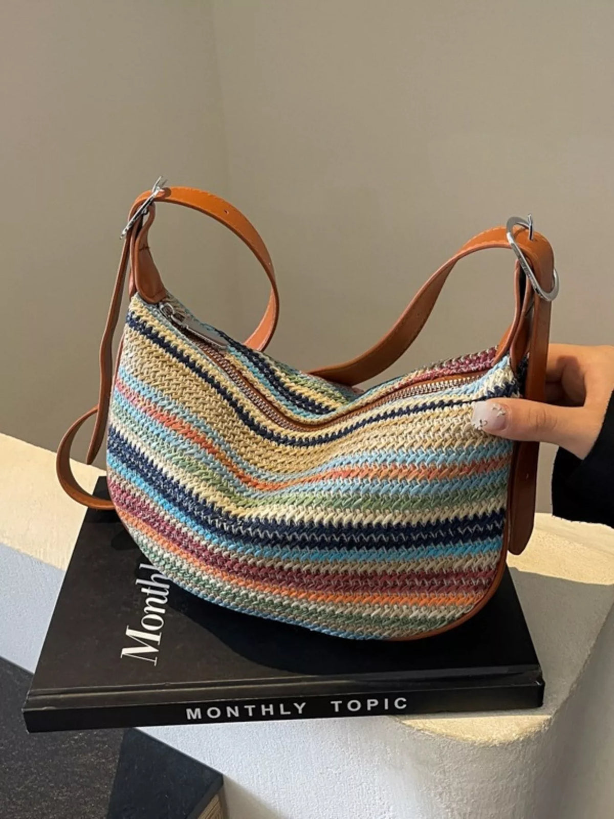 Striped Straw Woven Crossbody Bag for Women