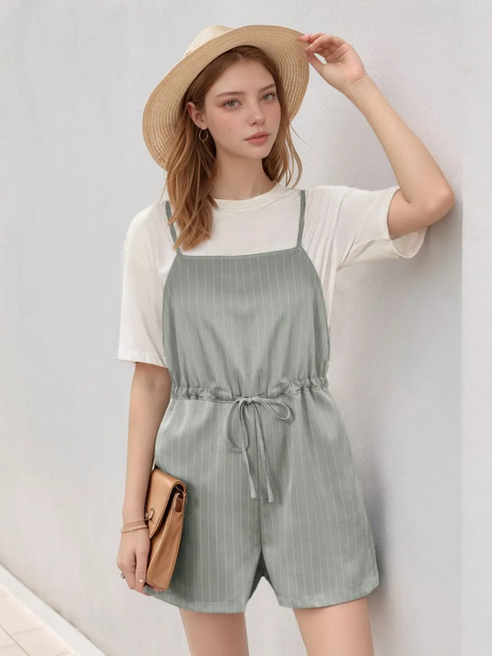 Perfee Women's Drawstring Waist Striped Overalls with Pockets