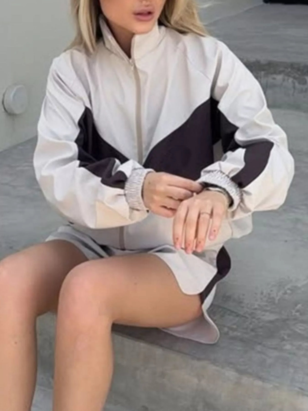 Color Block Zip Up Jacket and Shorts Set