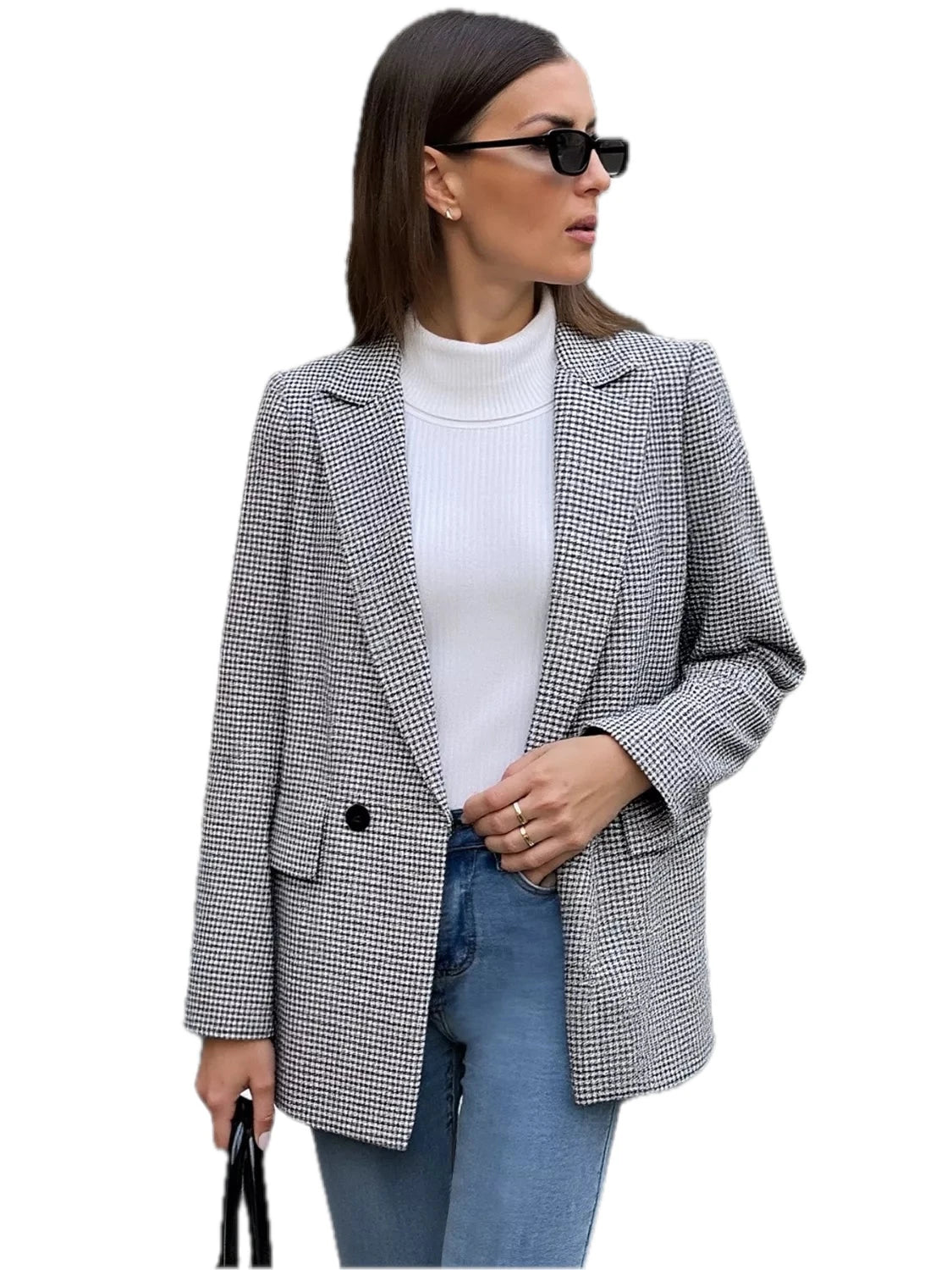 Houndstooth Patterned Double-Breasted Blazer