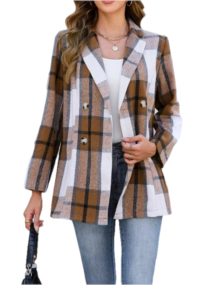 Women's Plaid Double-Breasted Blazer