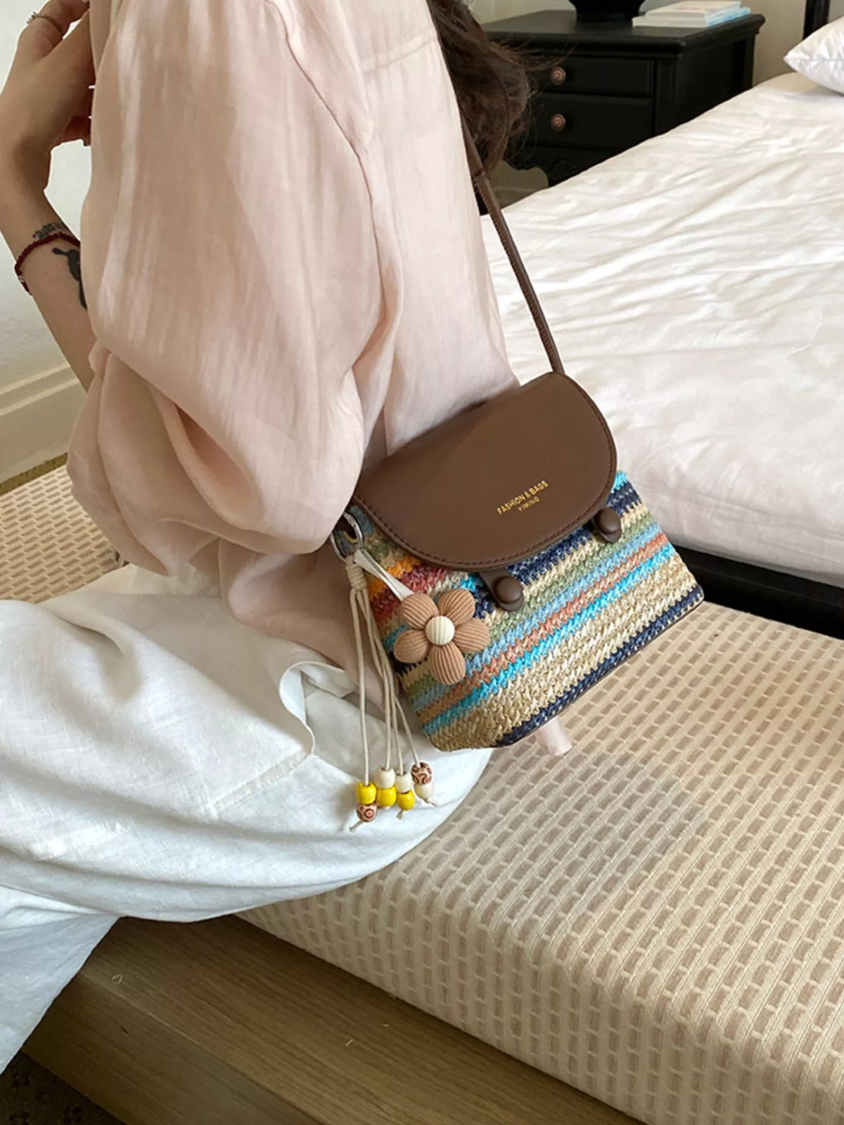 PU Leather Striped Woven Crossbody Bag