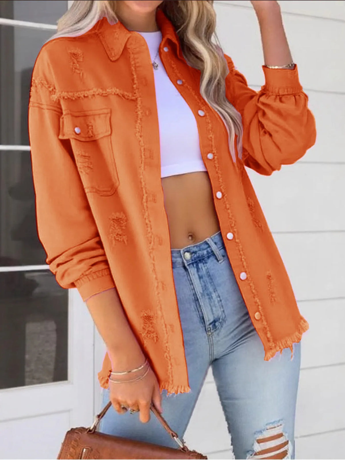 Women's Distressed Denim Jacket with Frayed Edges