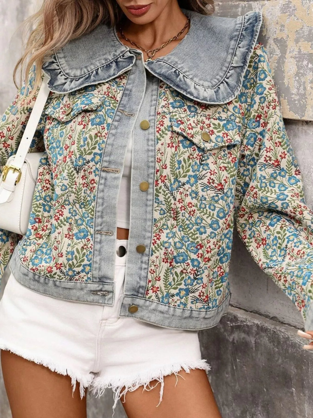 Floral Ruffle Collar Denim Jacket for Women