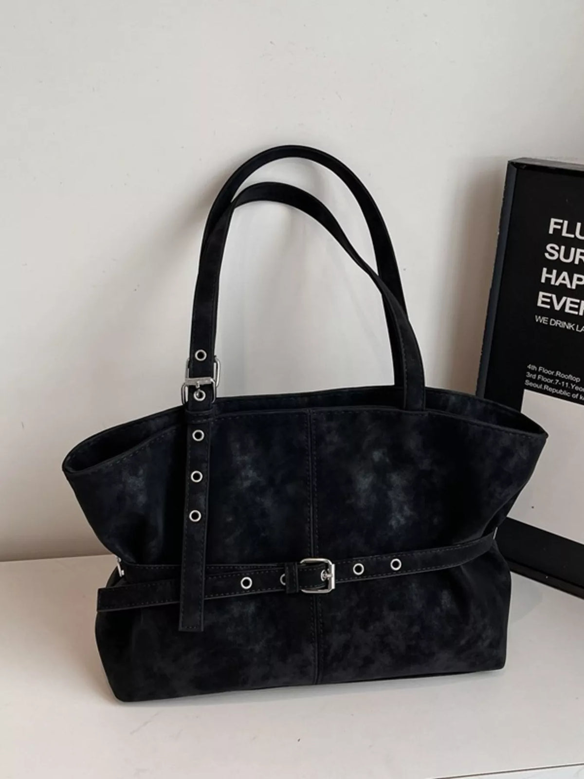 Washed Suede Buckle Tote Bag