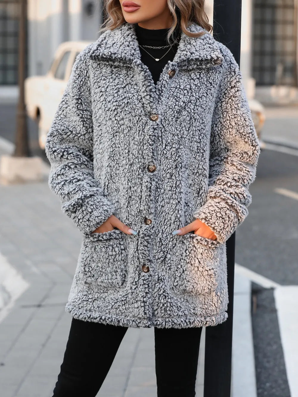 Pocketed Collared Neck Long Sleeve Plush Jacket for Women