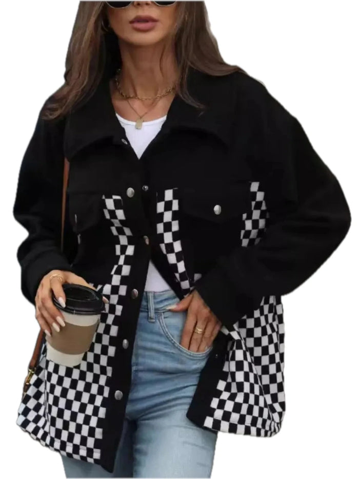 Checkered Snap Down Long Sleeve Jacket for Women in Black