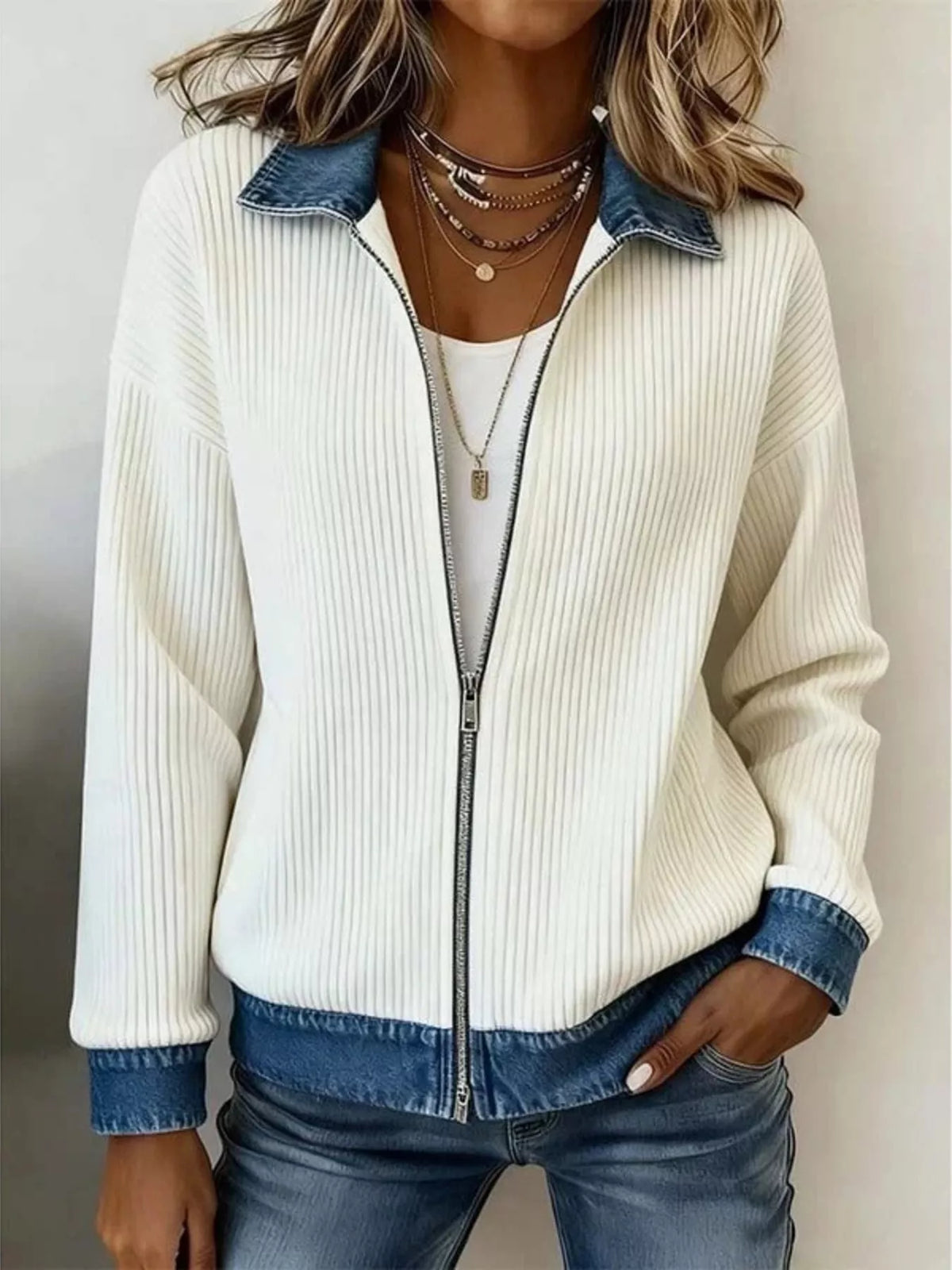 Contrast Denim Collar Knit Jacket