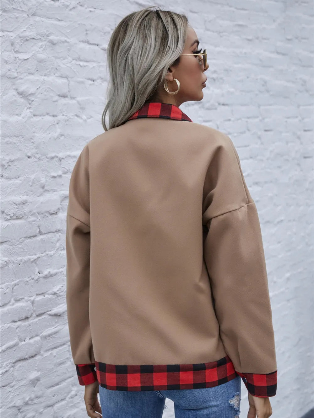 Plaid Trim Long Sleeve Jacket for Women