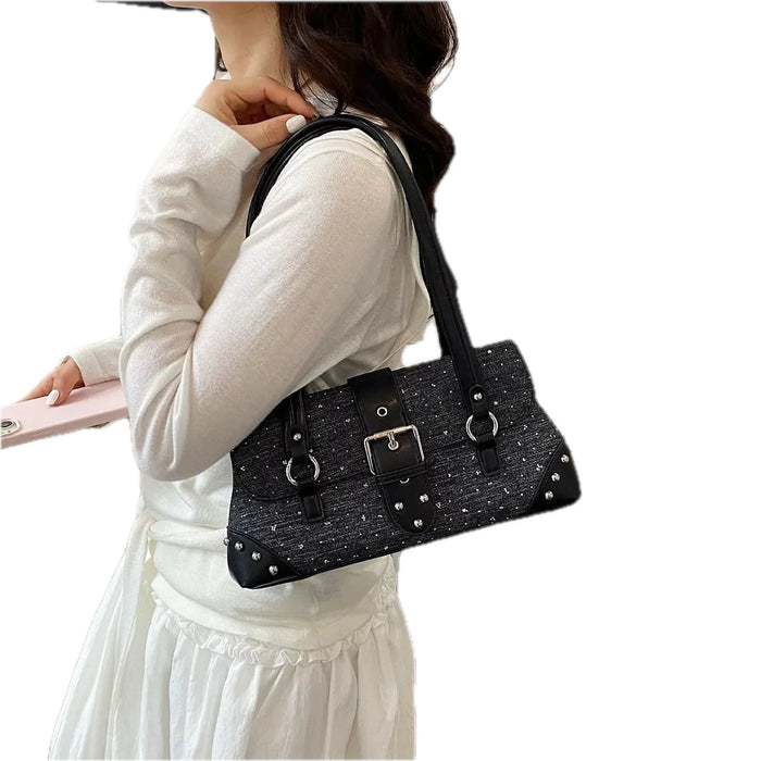 Studded Shoulder Bag for Women with Buckle Detail