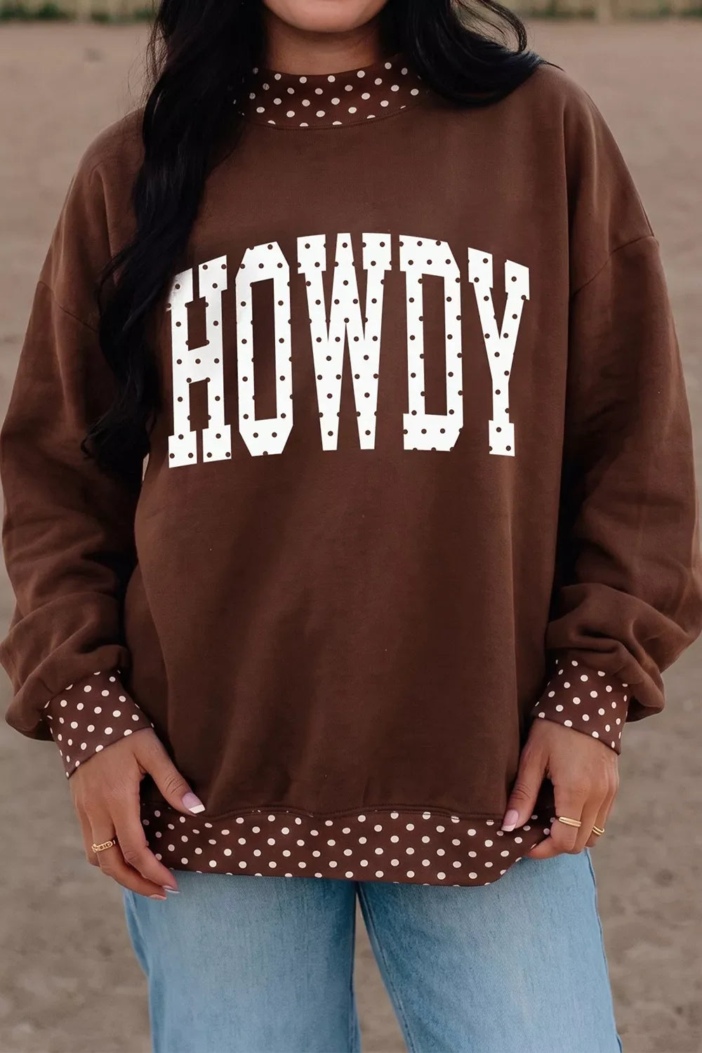 'HOWDY' Graphic Polka Dot Trim Sweatshirt for Women