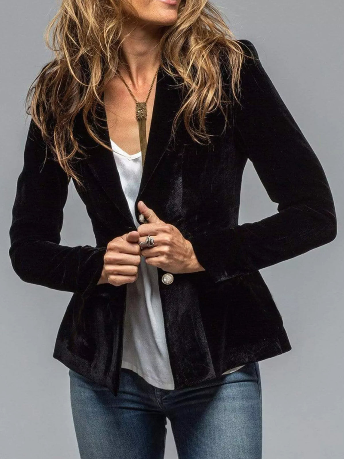 Women's Single Row Buttons Velvet Lapel Collar Button Up Blazer