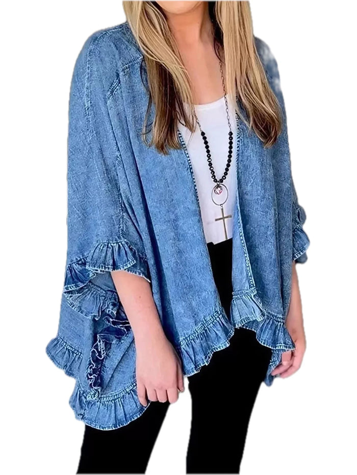 Ruffled Edge Open Front Denim Jacket Plus Size