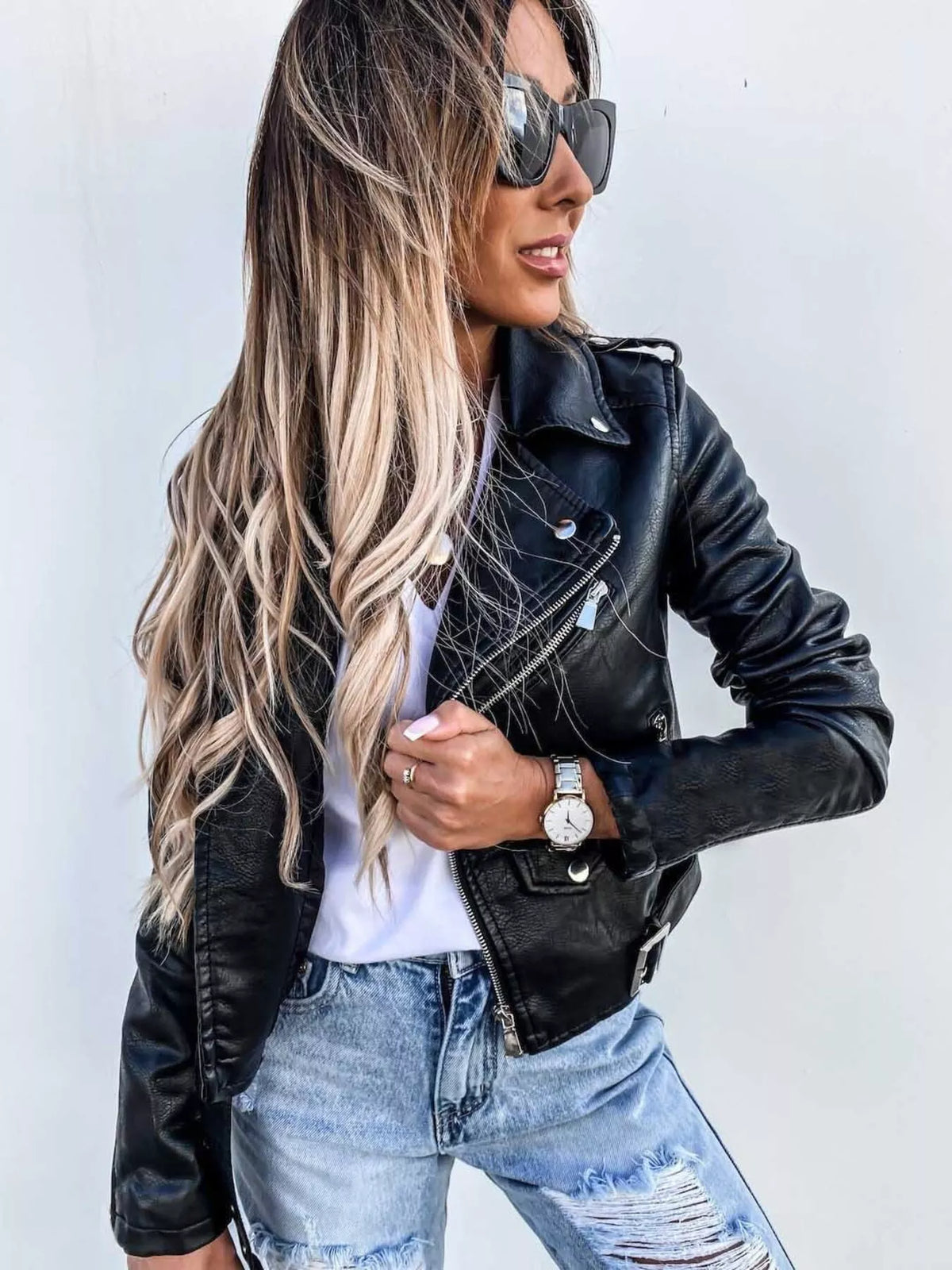 Full Size Zip Up Leather Motorcycle Biker Jacket for Women Plus Size