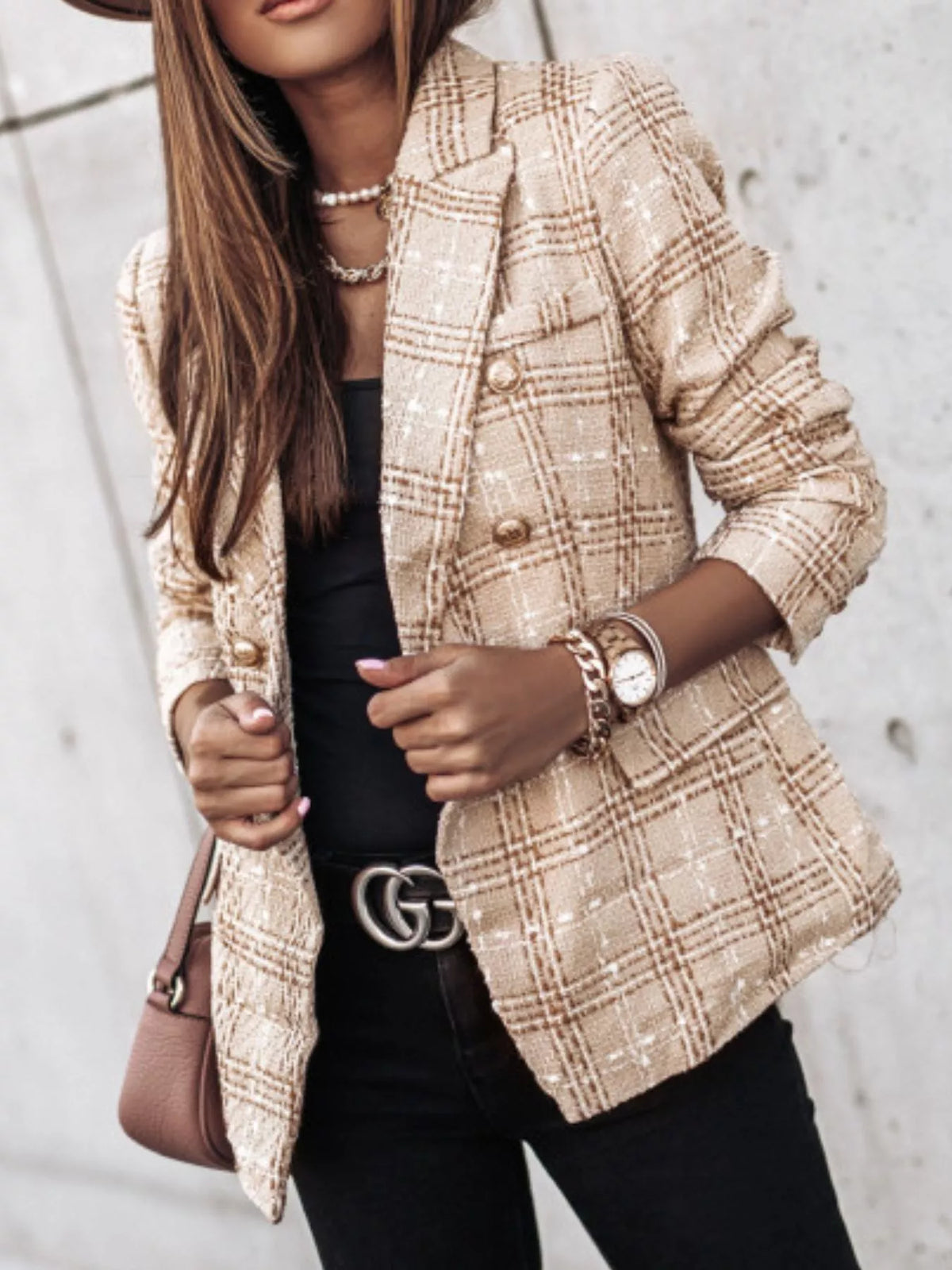 Full Size Plaid Tweed Double-Breasted Blazer for Women Plus Size
