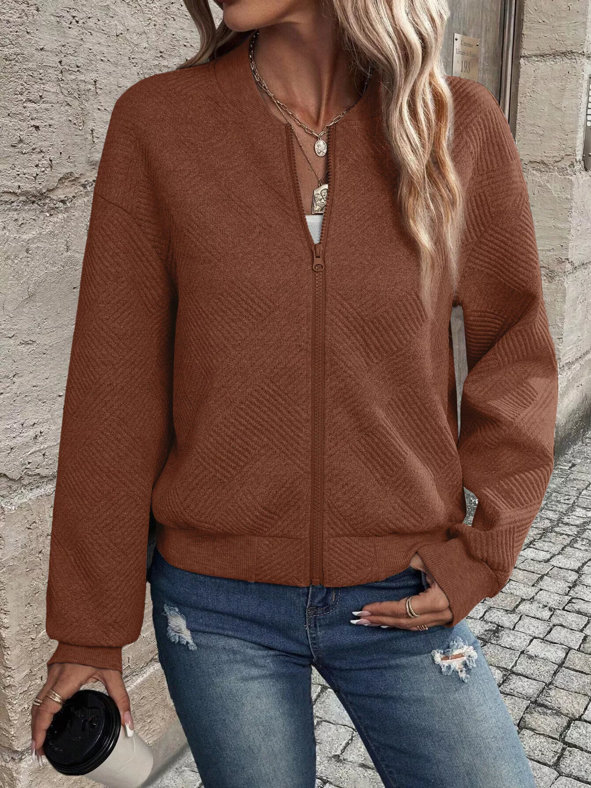 Textured Knit Zip Up Jacket