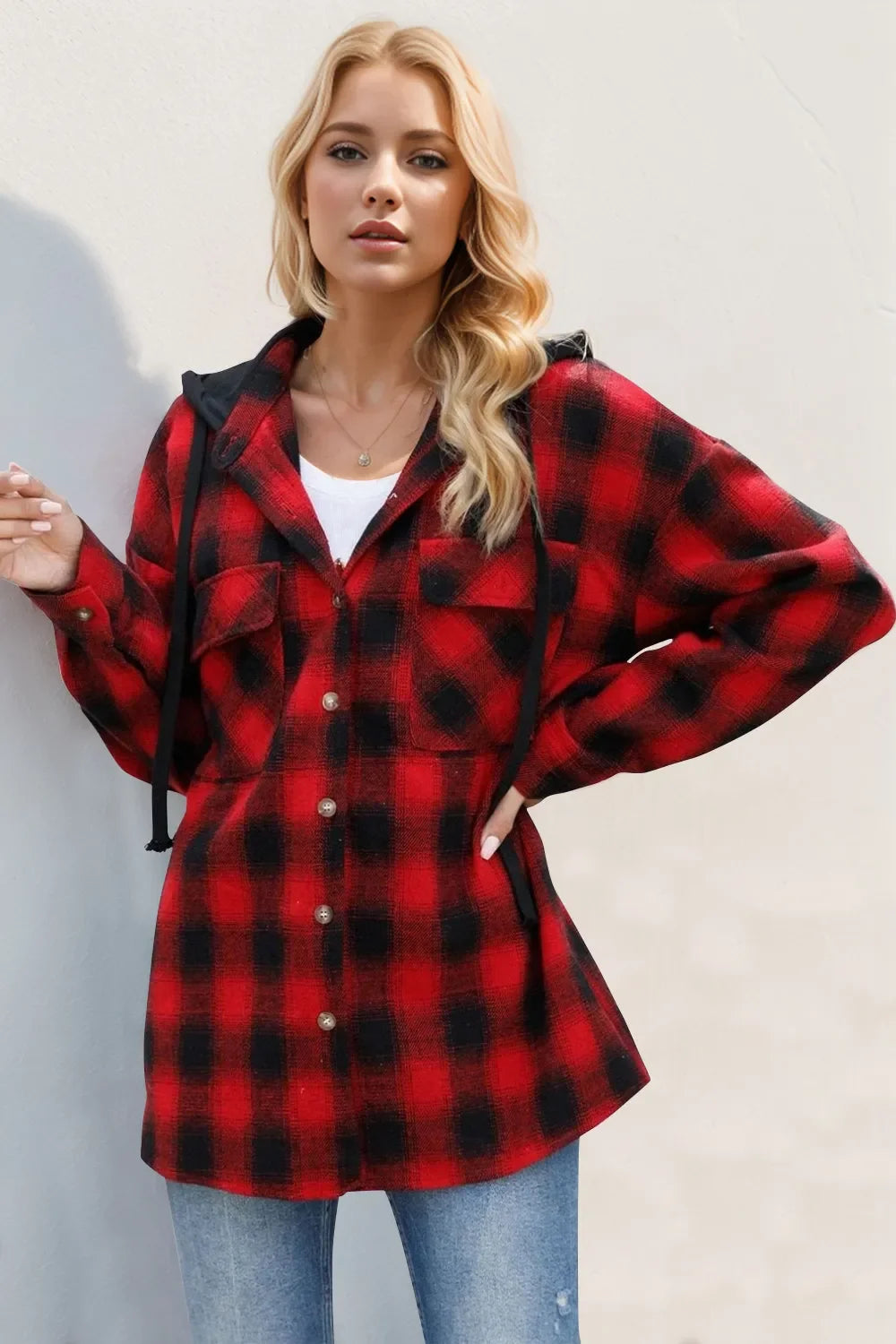 Double Take Plaid Hooded Shacket
