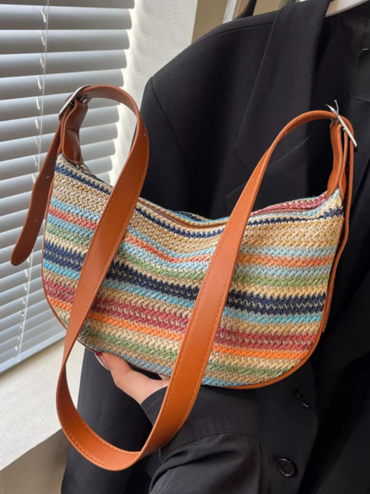 Striped Straw Woven Crossbody Bag for Women