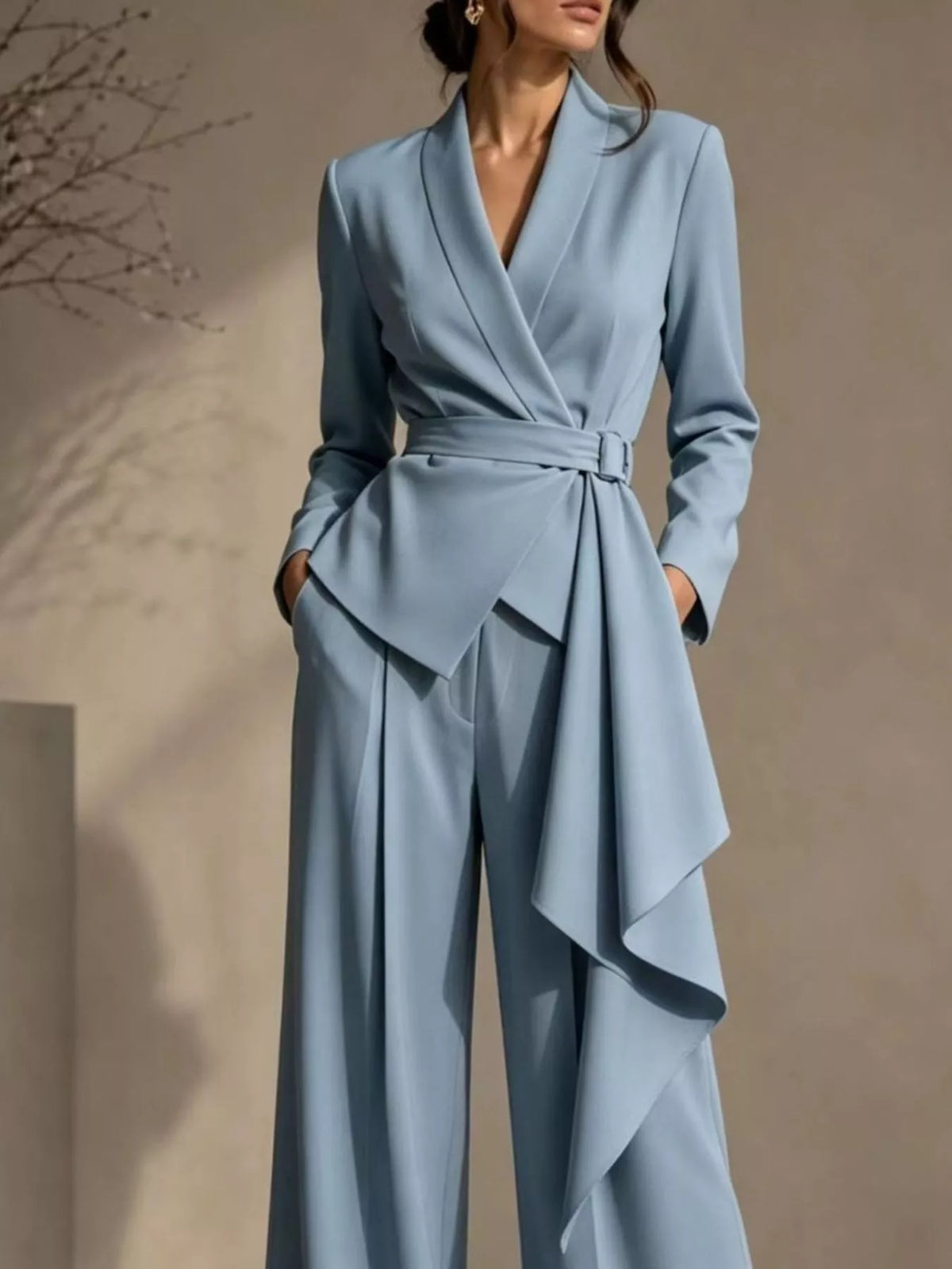 Belted Blazer and Wide Leg Pants Set Plus Size
