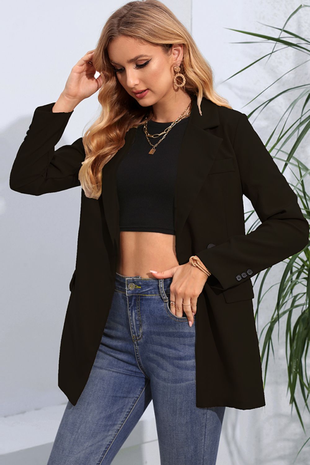 Lapel Neck Long Sleeve Blazer for Women with Pockets