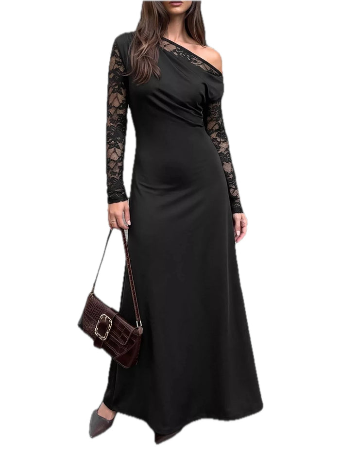 One-Shoulder Lace Sleeve Maxi Dress for Women